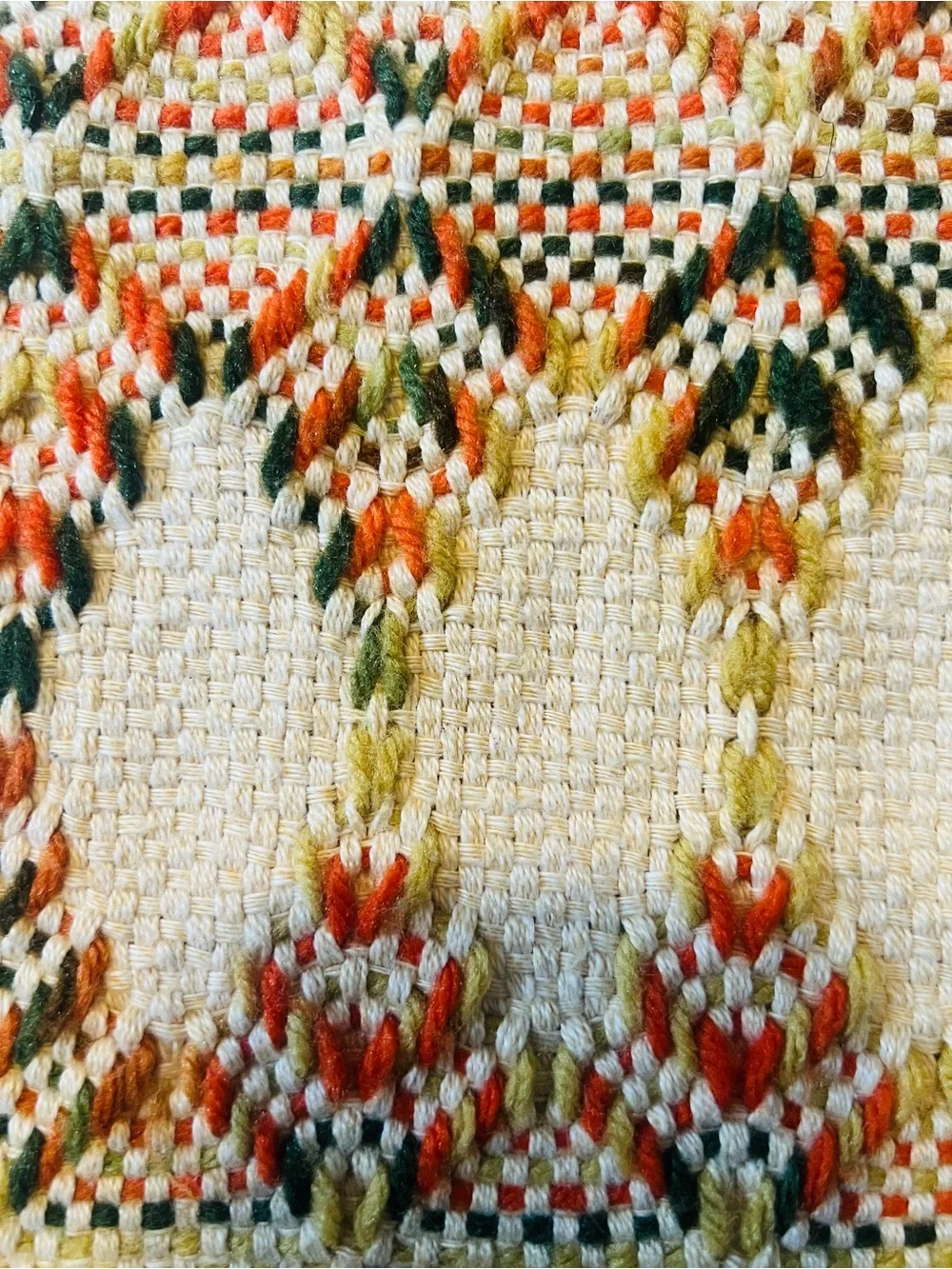 70s Embroidered Chevron Throw  Green, Orange, Gold Fringe Sofa Hanging Vintage